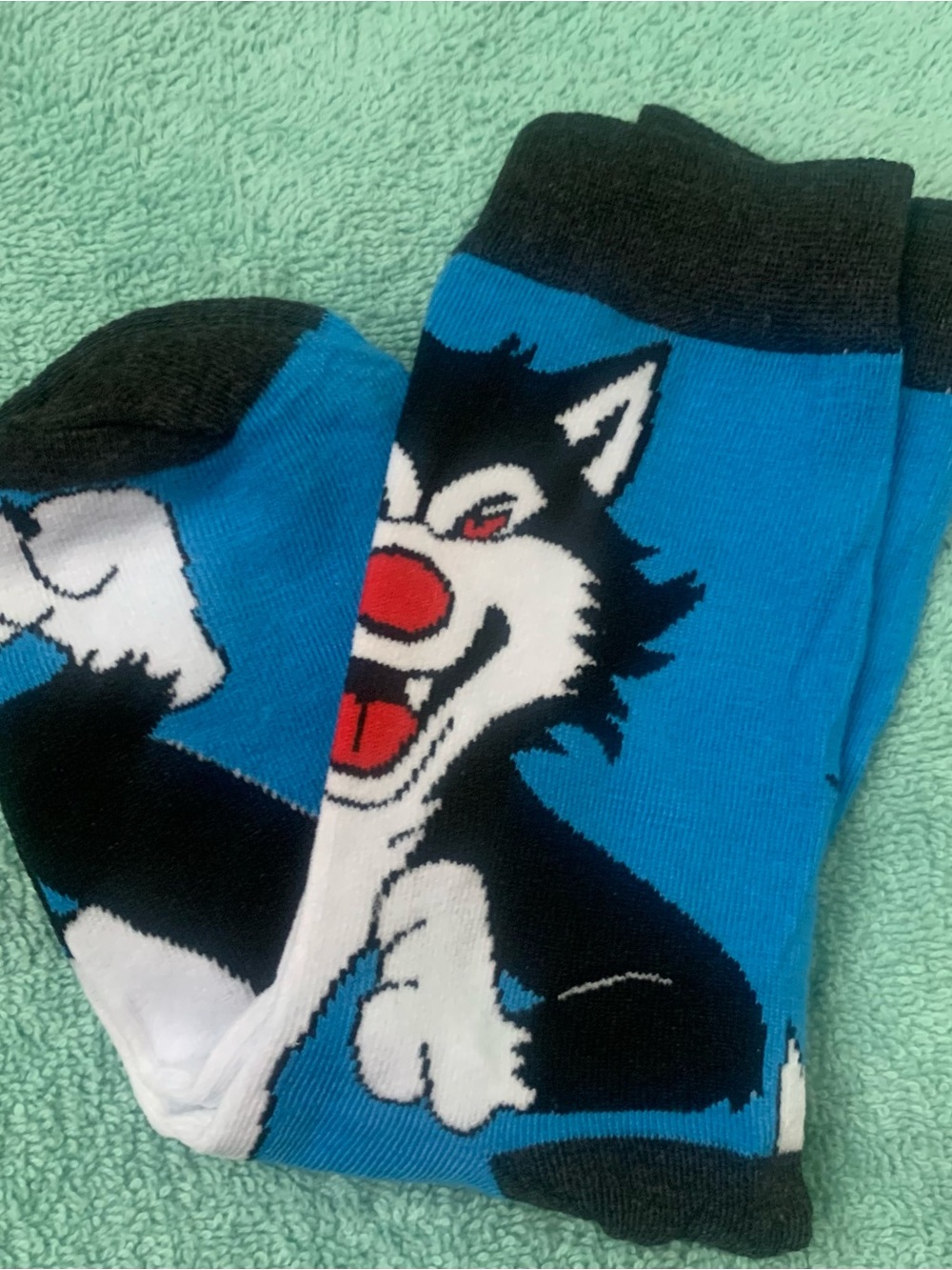 Men's Blue Cartoon Wolf Crew Socks